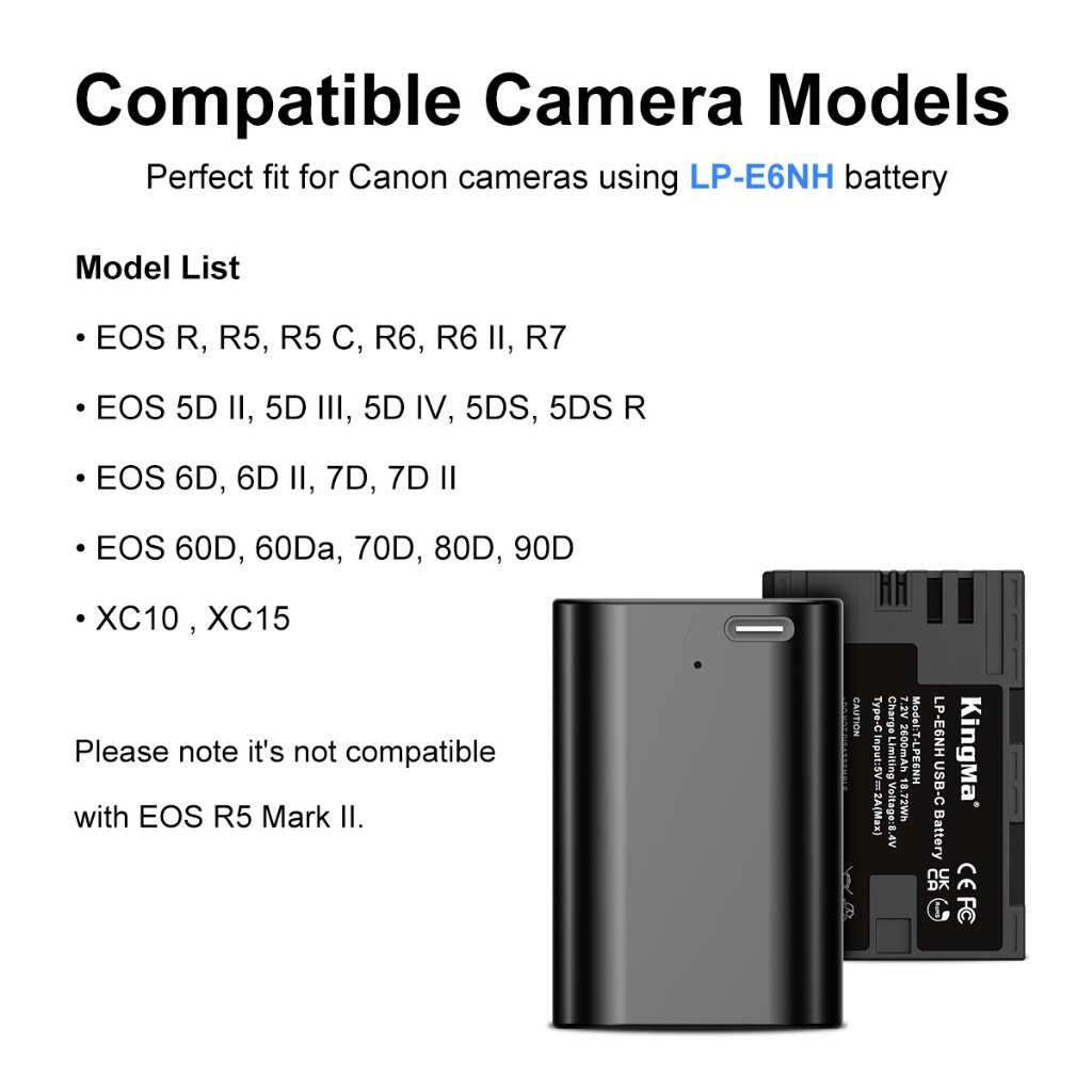 KingMa LP-E6NH 2400mAh Battery / 2600mAh Battery with Type-C Port / 2400mAh Battery Charger Kit (For Canon LP-E6, LP-E6N)