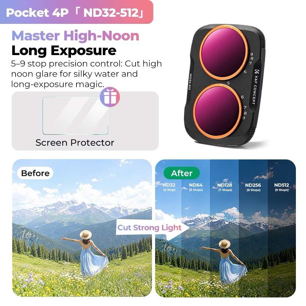 K&F UV / CPL / Black Mist / ND2-32 / ND32-512 / Anti-Light Pollution / Wide Angle Filter (For Dji Pocket 4P)