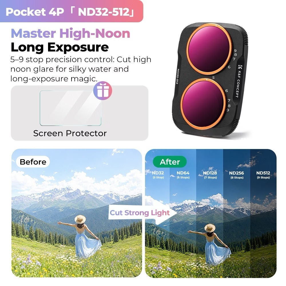 K&F UV / CPL / Black Mist / ND2-32 / ND32-512 / Anti-Light Pollution / Wide Angle Filter (For Dji Pocket 4P)