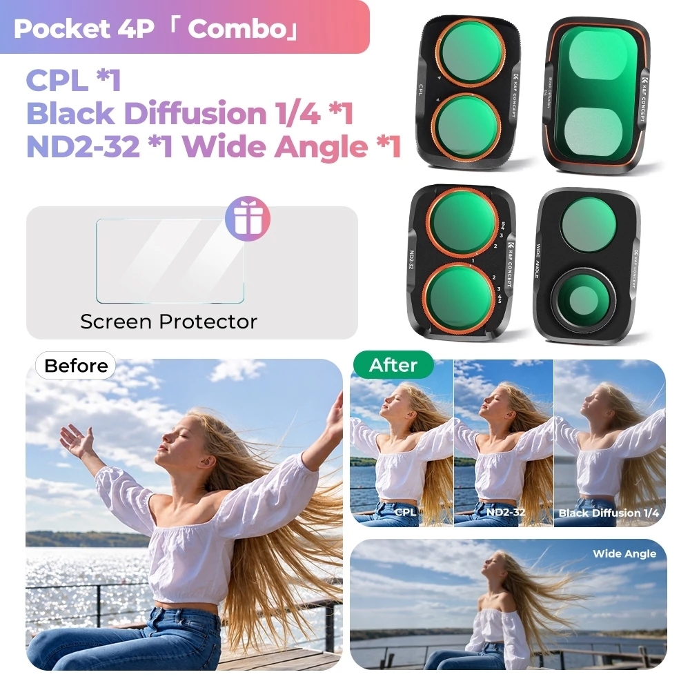 K&F UV / CPL / Black Mist / ND2-32 / ND32-512 / Anti-Light Pollution / Wide Angle Filter (For Dji Pocket 4P)