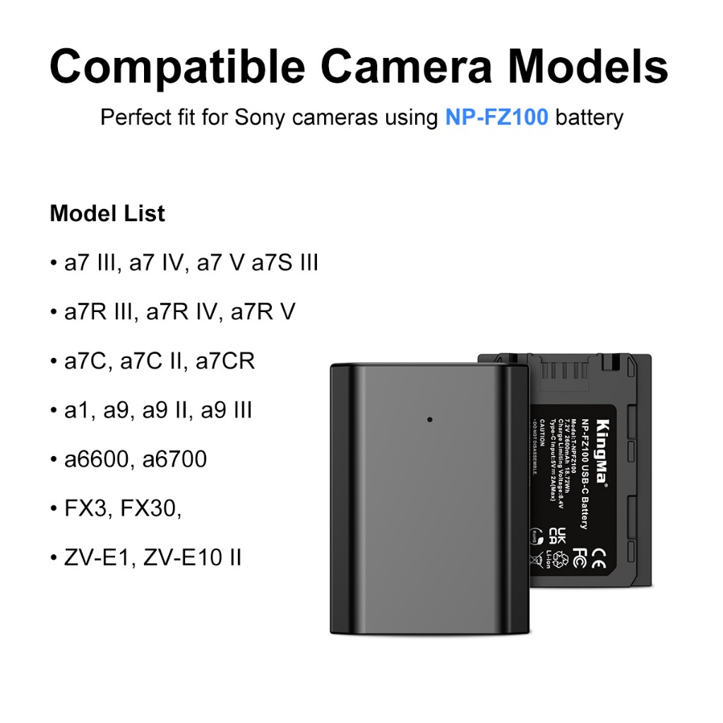 KingMa NP-FZ100 2600mAh Battery / 2600mAh Battery with Type-C Port / 2400mAh Battery Charger Kit (For Sony FZ100)