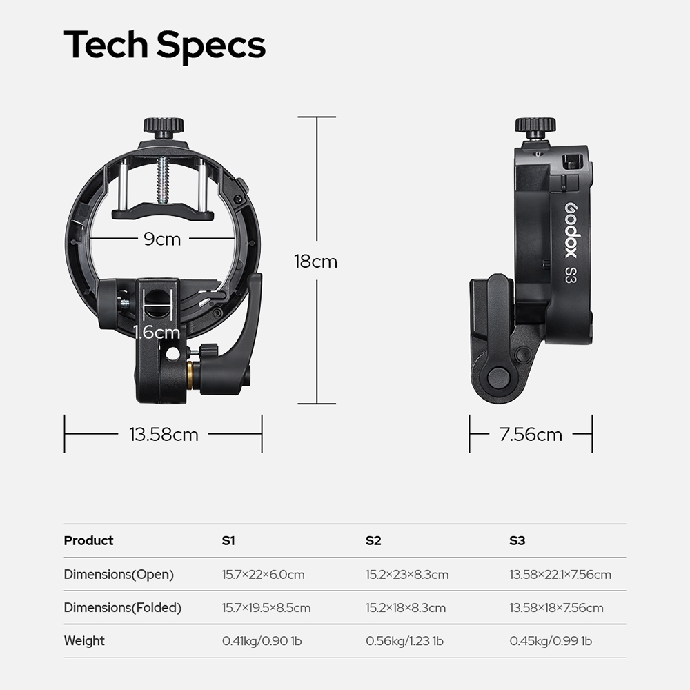 Godox S3 Bowens Mount Softbox / Umbrella Bracket (V100 / V1Pro / V860III / TT685II / AD100Pro / AD200Pro II / AD300Pro)