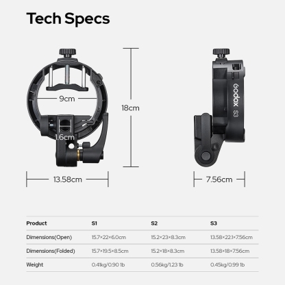 Godox S3 Bowens Mount Softbox / Umbrella Bracket (V100 / V1Pro / V860III / TT685II / AD100Pro / AD200Pro II / AD300Pro)