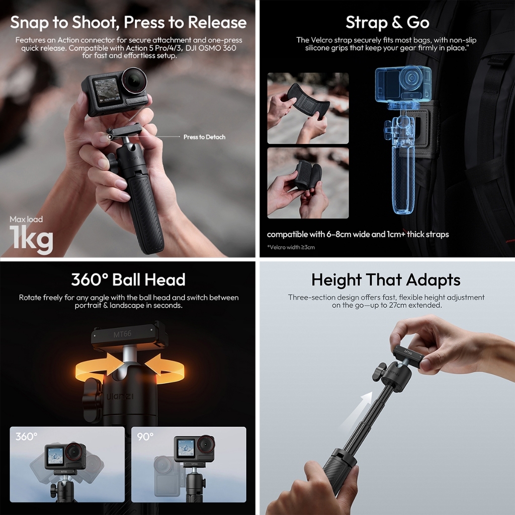 Ulanzi MT66 ClipMate Tripod with Action Connector (S041) - 3 in 1 Mini Tripod / Selfie Stick / Clip