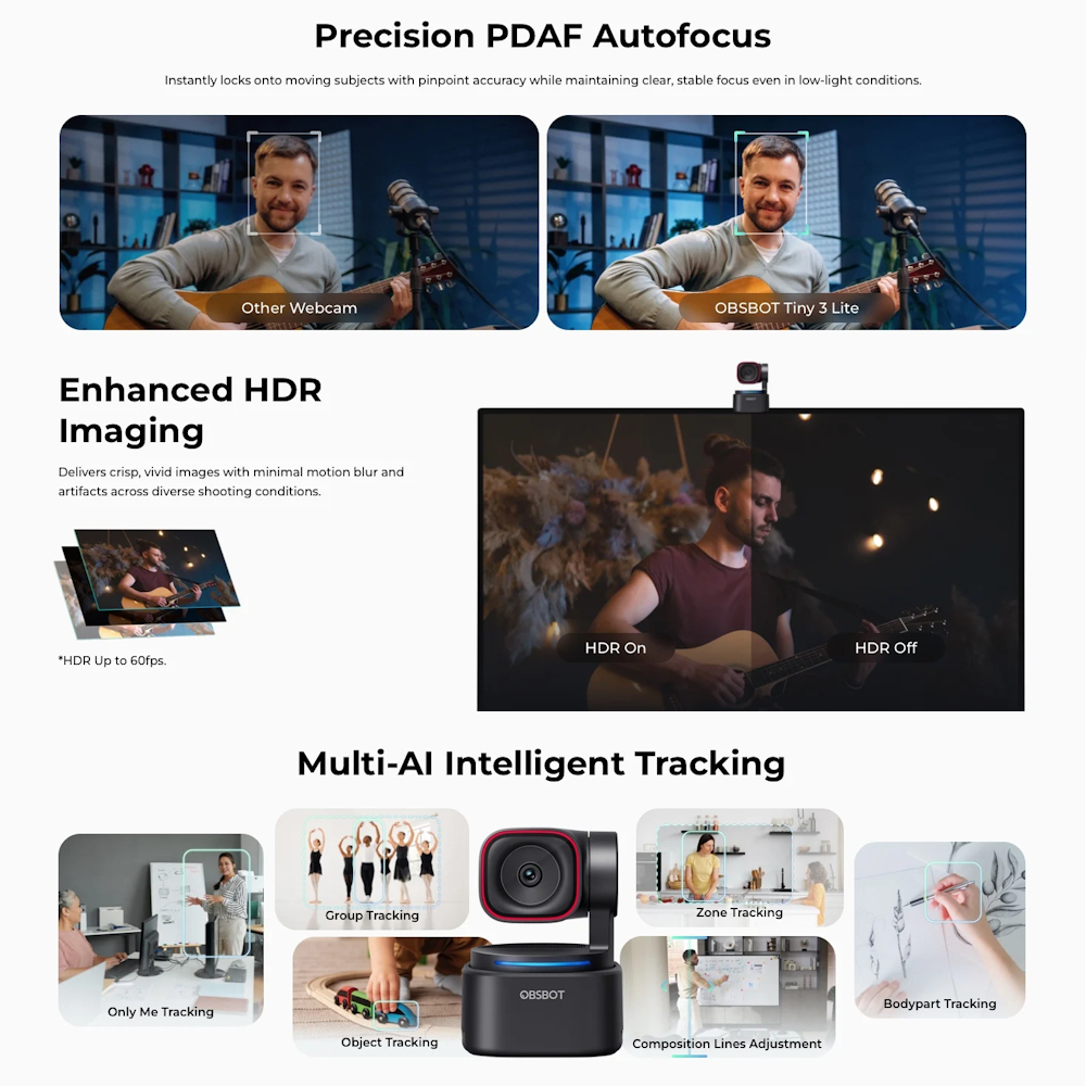 OBSBOT Tiny 3 Lite AI-Powered PTZ 4K Webcam