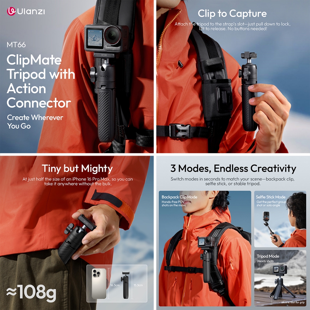 Ulanzi MT66 ClipMate Tripod with Action Connector (S041) - 3 in 1 Mini Tripod / Selfie Stick / Clip