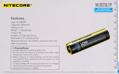 Nitecore NL1829LTP 2900mAh -40°C Low Temperature 18650 Rechargeable Battery