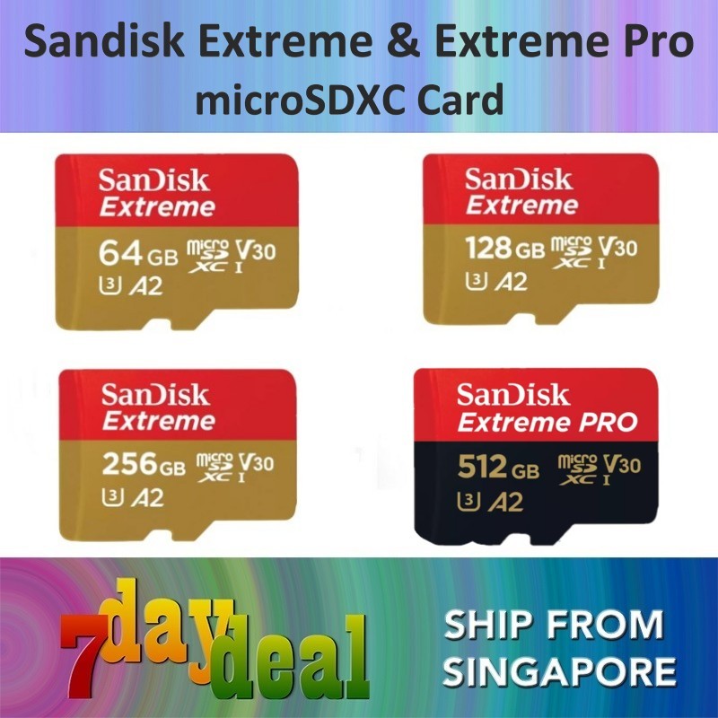 Sandisk Extreme & Extreme Pro 64GB (170MB/s), 128GB (190MB/s), 256GB (190MB/s), 512GB (200MB/s) MicroSD Memory Card