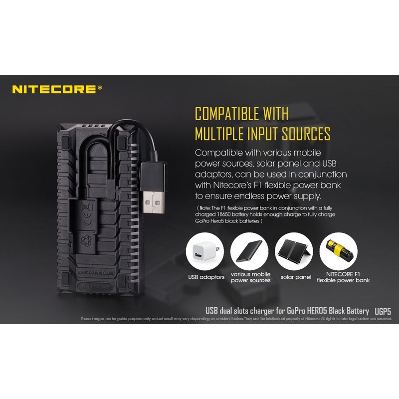 Nitecore UGP5 Dual-Slot USB Travel Battery Charger (For GoPro Hero 8, 7 Black, 6 and 5)