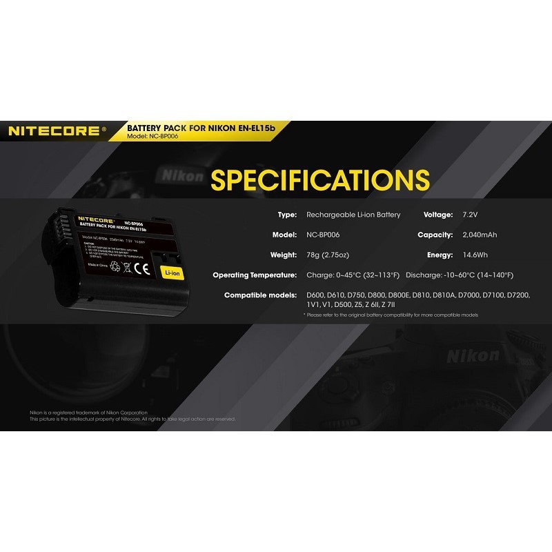 Nitecore EN-EL15B Rechargeable Lithium Ion Battery (For Nikon EL15 / EL15A / EL15B) — NC-BP006