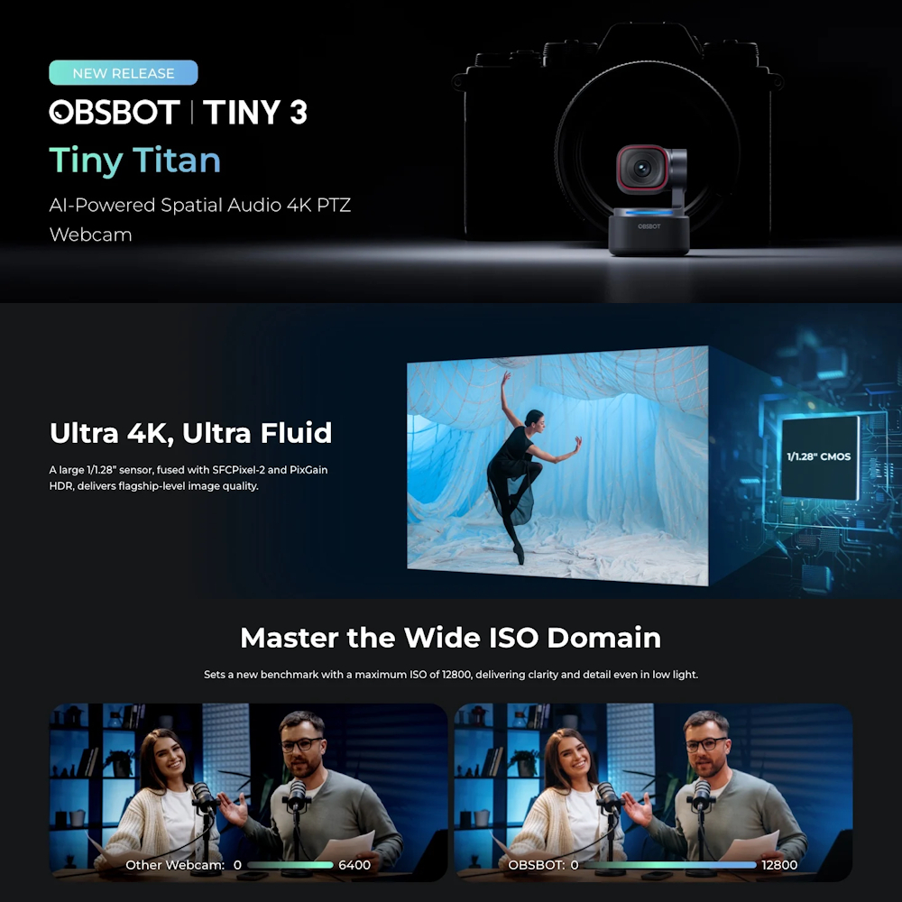 OBSBOT Tiny 3 AI-Powered PTZ 4K Webcam