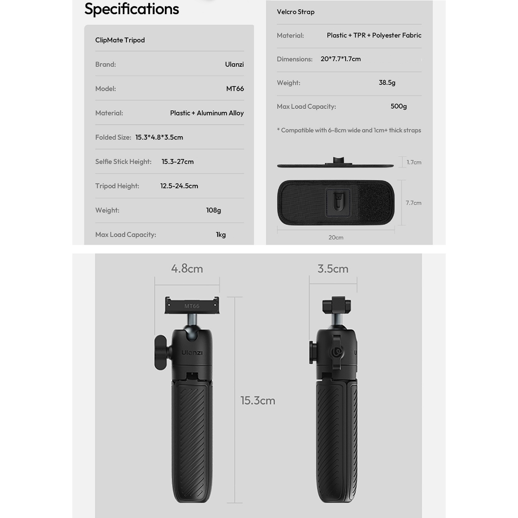 Ulanzi MT66 ClipMate Tripod with Action Connector (S041) - 3 in 1 Mini Tripod / Selfie Stick / Clip