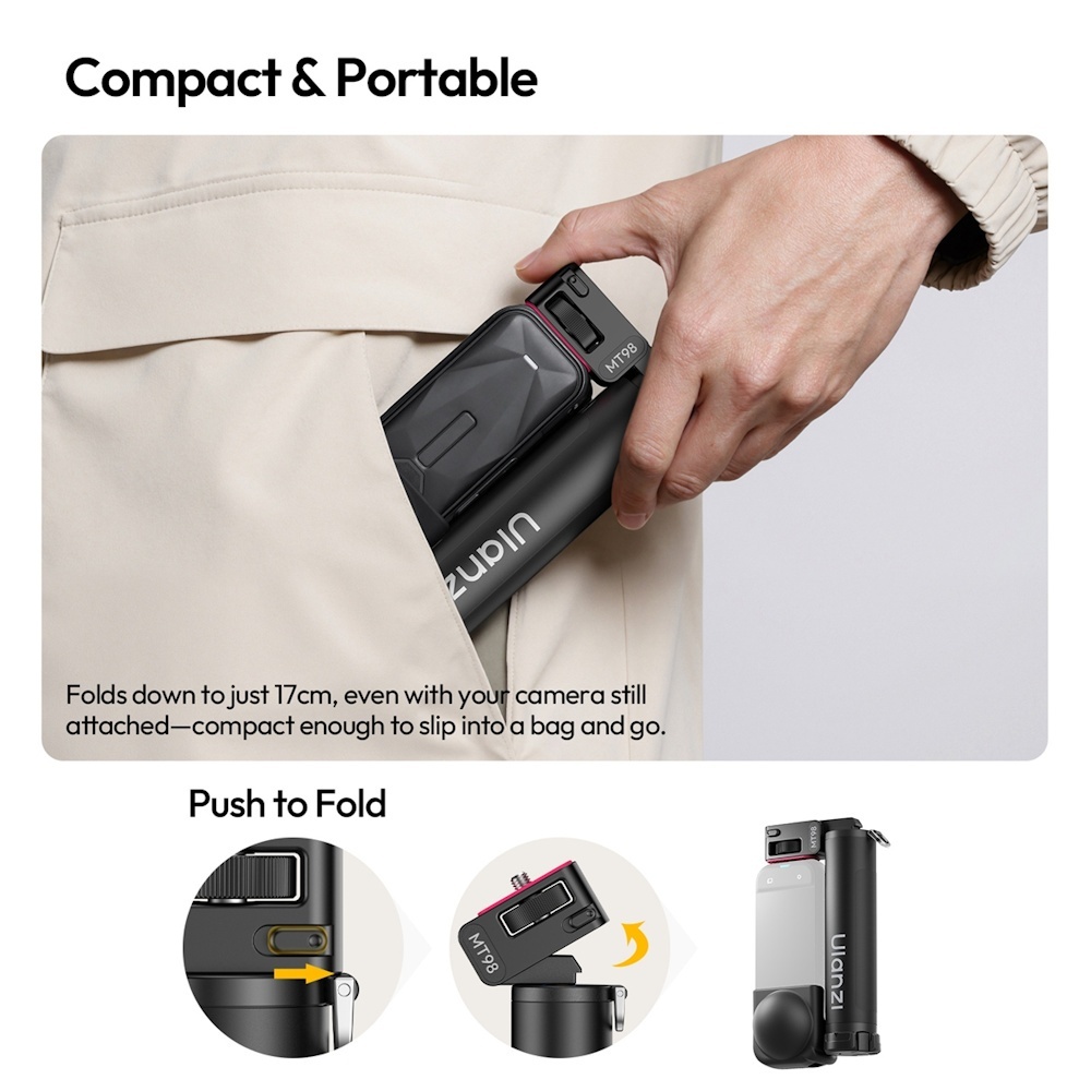 Ulanzi MT98 Foldable Invisible Selfie Stick With Mini Tripod for 360 Camera / Action Camera (S054)