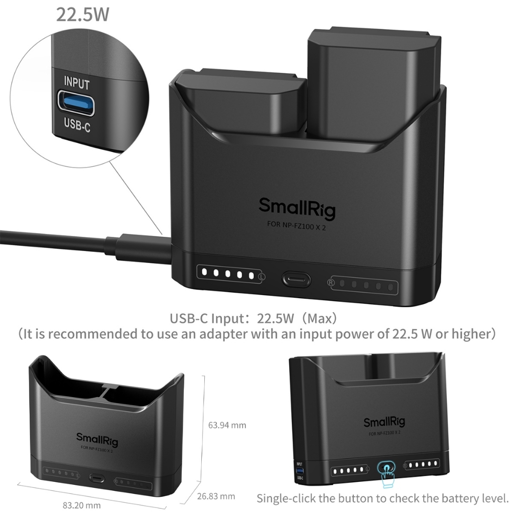 SmallRig Camera Battery Charger (For Sony NP-FZ100 / Canon LP-E6P / Nikon EN-EL15C / Panasonic DMW-BLK22 / Sony NP-FW50)