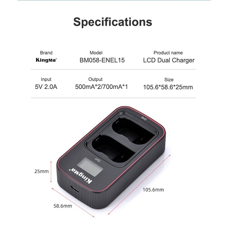 KingMa EN-EL15 Battery (2 pcs) + Dual Slot USB LCD Charger Kit (For Nikon)