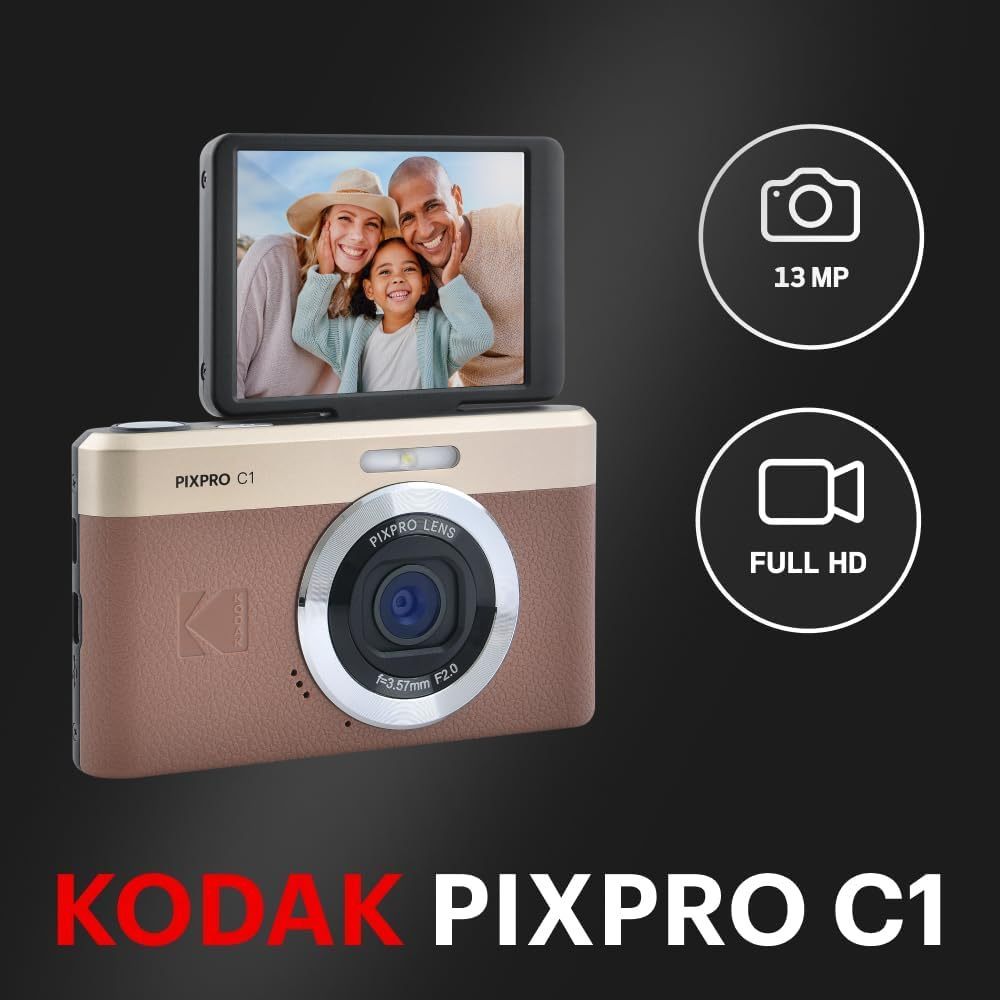 Kodak PIXPRO C1 Compact Digital Camera (Black / Brown / Tan)
