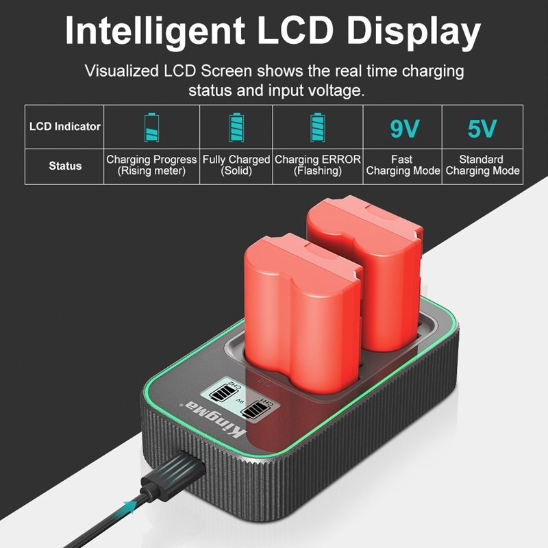 KingMa PD3.0 (9V/2A) LCD Dual Slot Fast Charge USB Battery Charger