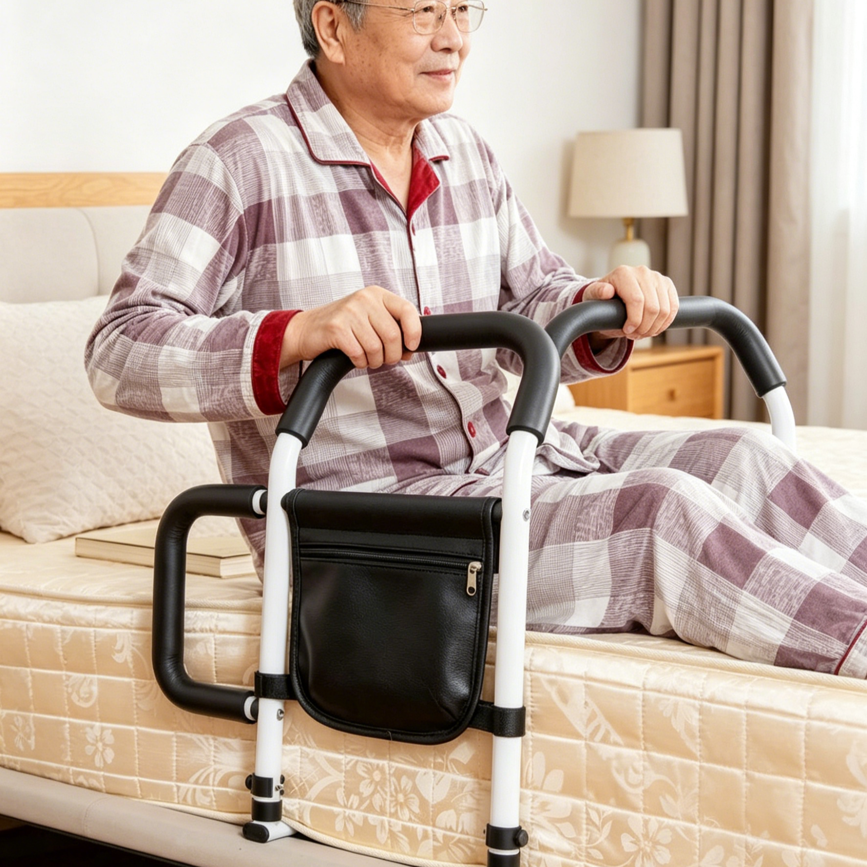 No-Drill Bedside Assist Rail for Seniors | Stable Stand-Up Handle | Safety Bed Rail with Storage Bag