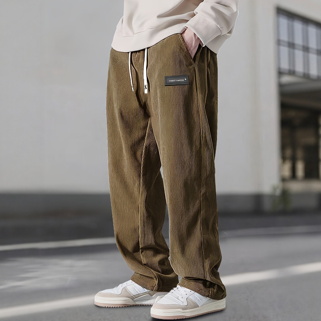 Men's Loose-Fit Drawstring Pants with Pockets - Premium Corduroy Straight-Leg Smart Trousers