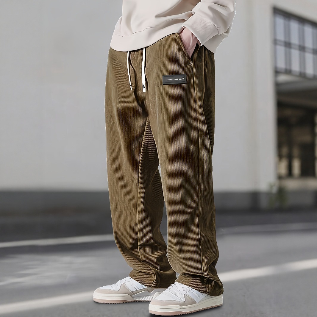 Men's Loose-Fit Drawstring Pants with Pockets - Premium Corduroy Straight-Leg Smart Trousers