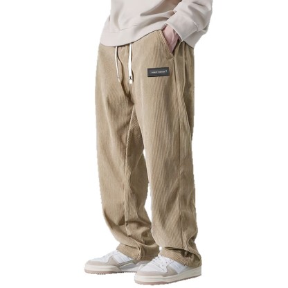 Men's Loose-Fit Drawstring Pants with Pockets - Premium Corduroy Straight-Leg Smart Trousers