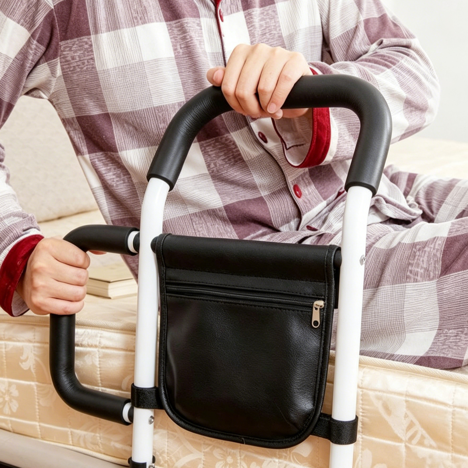 No-Drill Bedside Assist Rail for Seniors | Stable Stand-Up Handle | Safety Bed Rail with Storage Bag