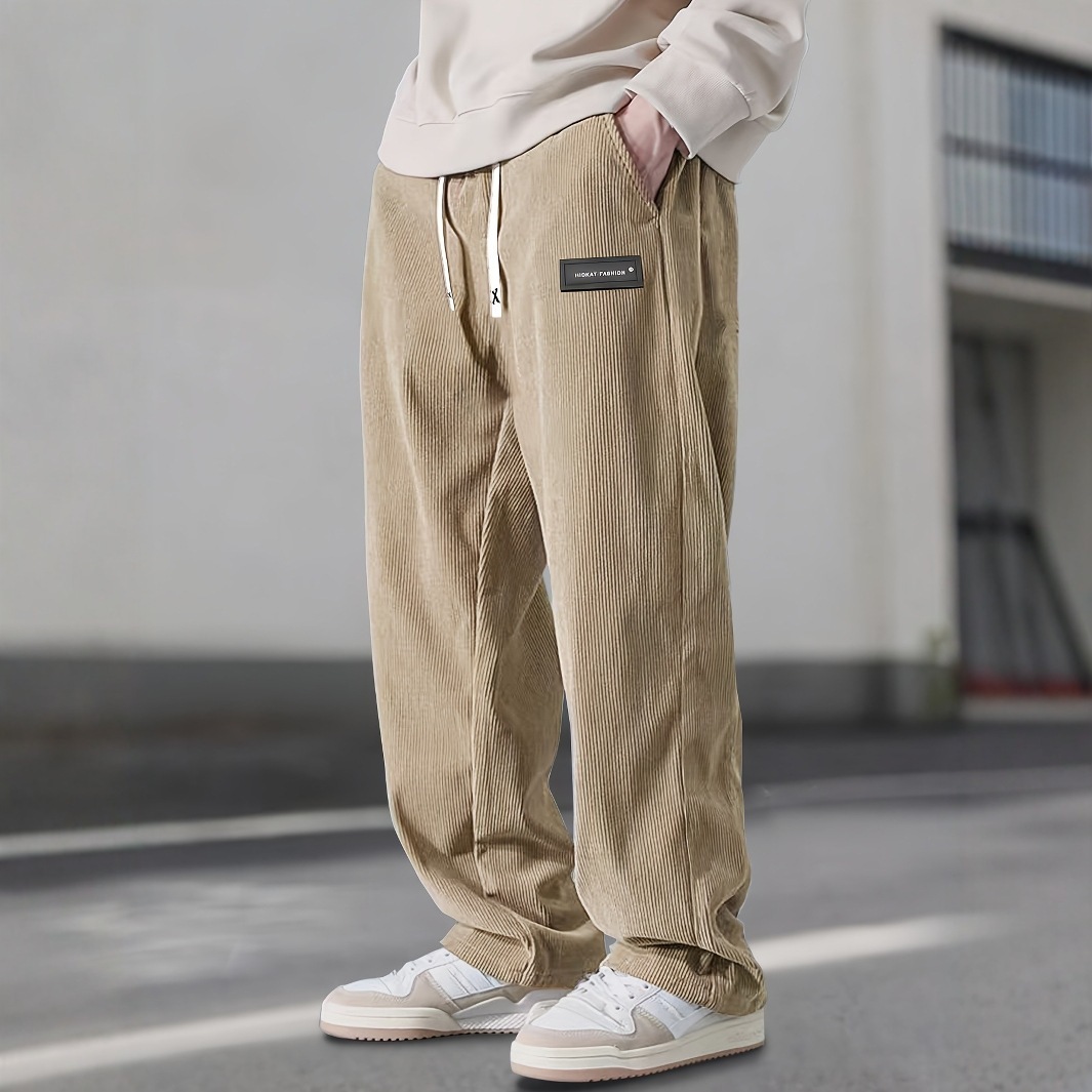 Men's Loose-Fit Drawstring Pants with Pockets - Premium Corduroy Straight-Leg Smart Trousers