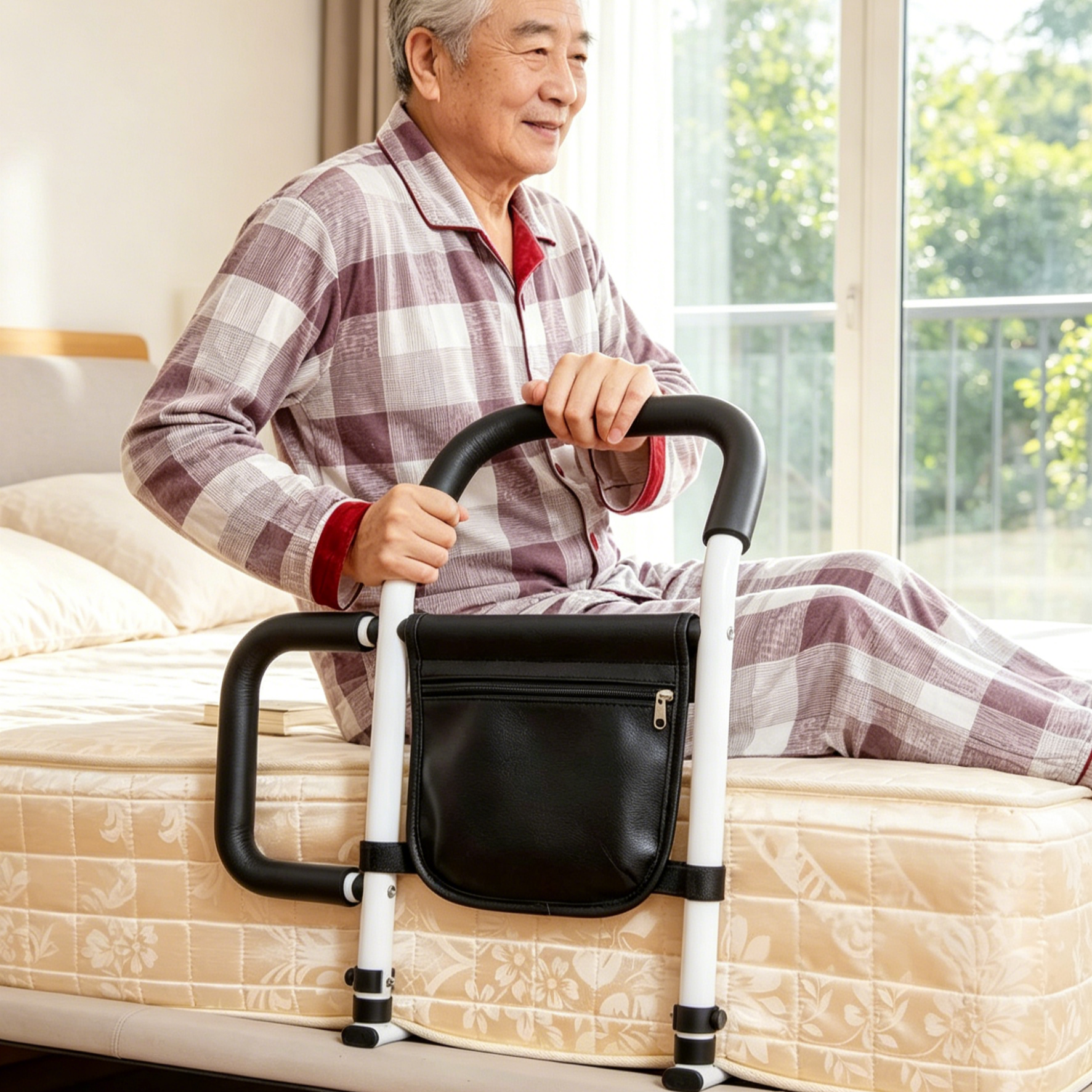 No-Drill Bedside Assist Rail for Seniors | Stable Stand-Up Handle | Safety Bed Rail with Storage Bag