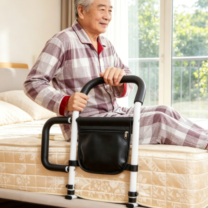 No-Drill Bedside Assist Rail for Seniors | Stable Stand-Up Handle | Safety Bed Rail with Storage Bag
