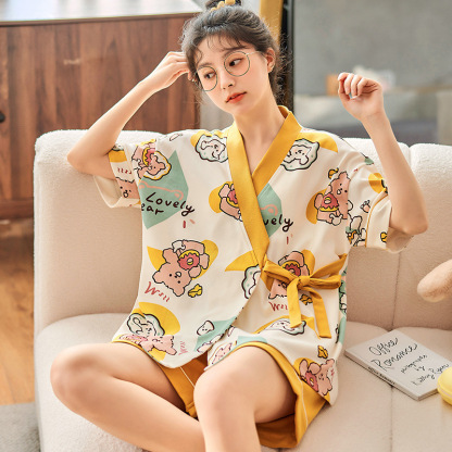 Cotton Japanese short-sleeved kimono set