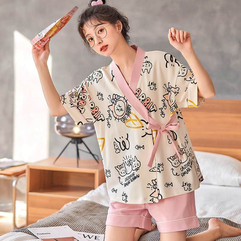 Cotton Japanese short-sleeved kimono set