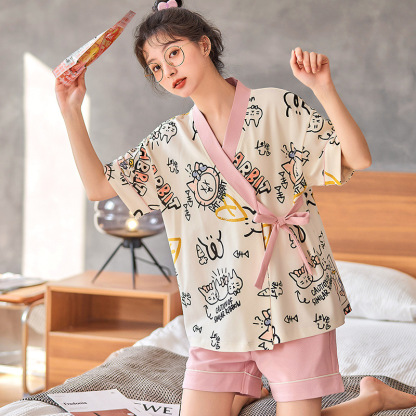 Cotton Japanese short-sleeved kimono set