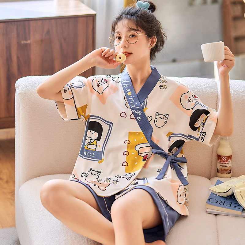 Cotton Japanese short-sleeved kimono set