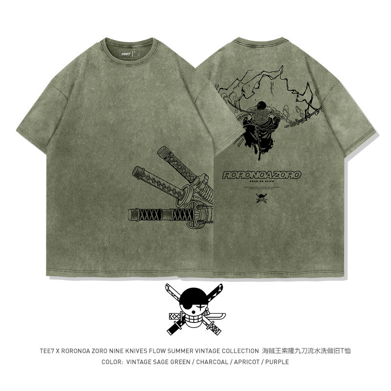 海賊王索隆拔刀水洗做舊 2026親子情侶男女同款 印花水洗短袖