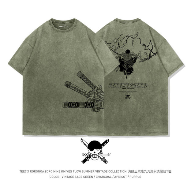 海賊王索隆拔刀水洗做舊 2026親子情侶男女同款 印花水洗短袖