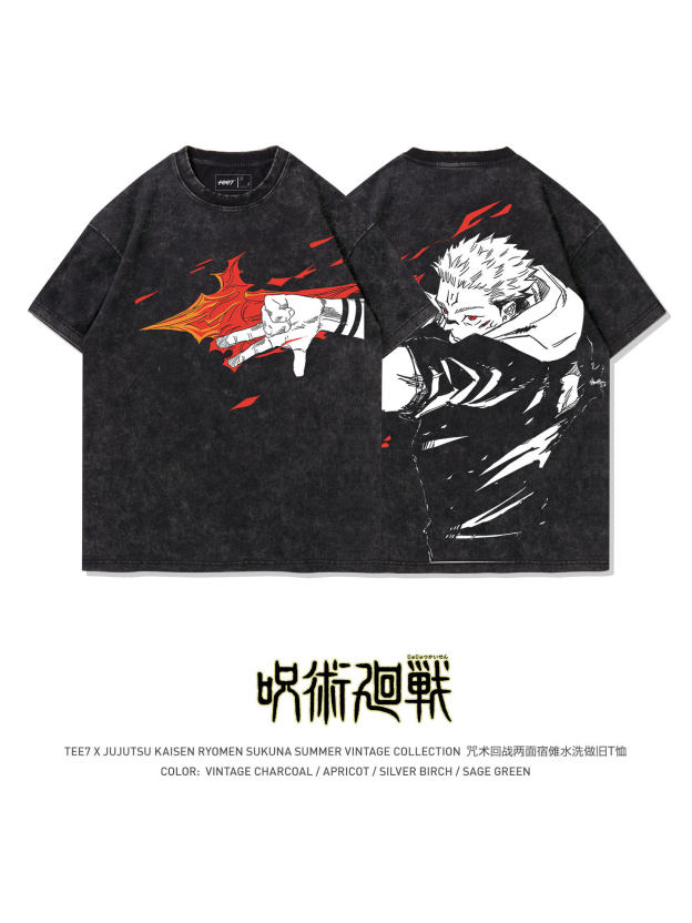 咒術迴戰兩面宿儺術式水洗做舊 2026親子情侶男女同款 印花水洗短袖