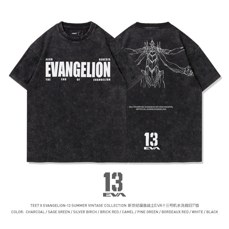 EVA十三號機莉莉絲水洗做舊 2026親子情侶男女同款 印花水洗短袖