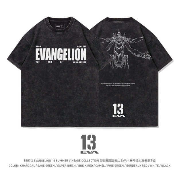 EVA十三號機莉莉絲水洗做舊 2026親子情侶男女同款 印花水洗短袖