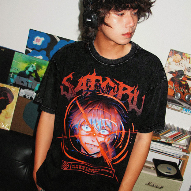 咒術迴戰五条悟水洗做舊 2026親子情侶男女同款 印花水洗短袖