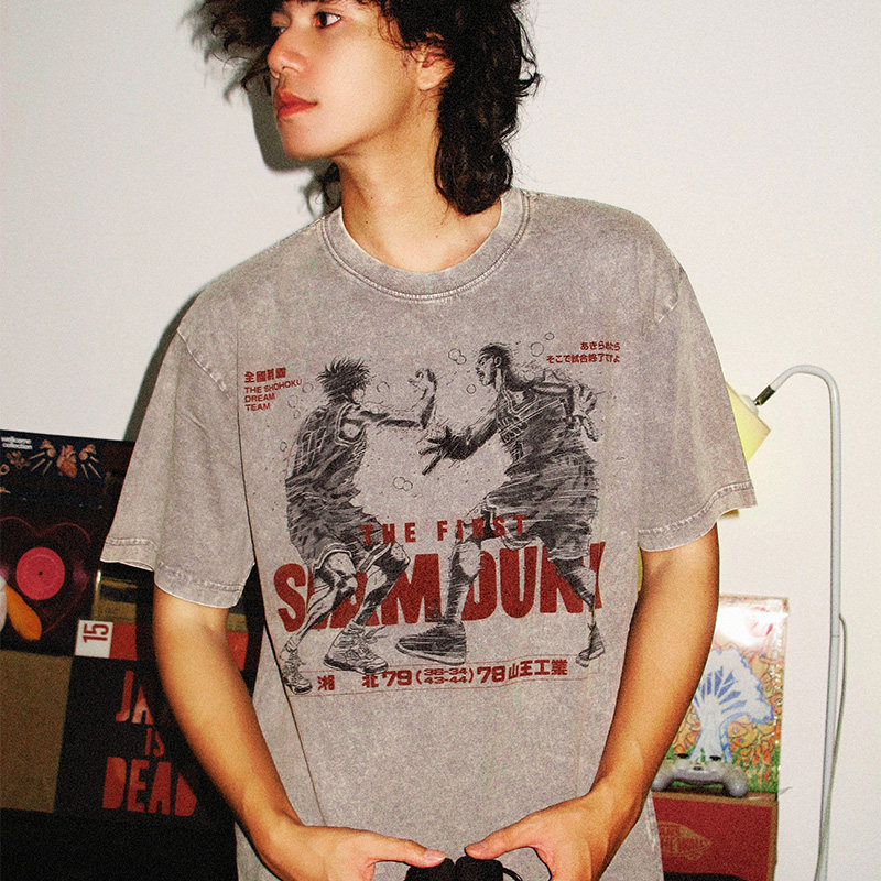 灌籃高手流川楓櫻木花道世紀擊掌水洗做舊 2026親子情侶男女同款 印花水洗短袖