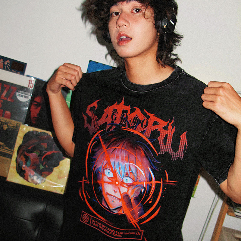 咒術迴戰五条悟水洗做舊 2026親子情侶男女同款 印花水洗短袖