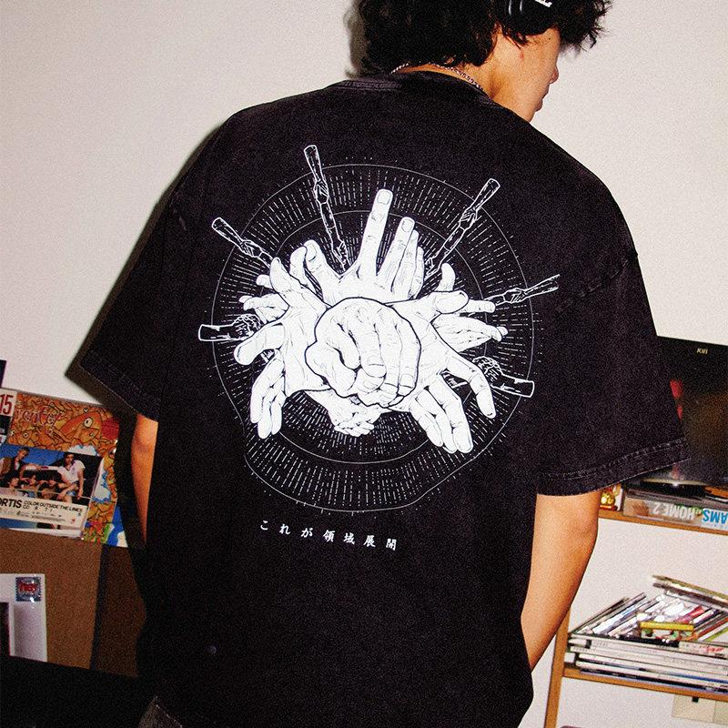 咒術迴戰結印手勢領域展開水洗做舊 2026親子情侶男女同款 印花短袖T恤