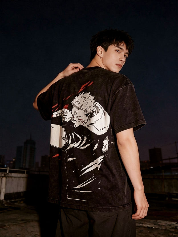 咒術迴戰兩面宿儺術式水洗做舊 2026親子情侶男女同款 印花水洗短袖