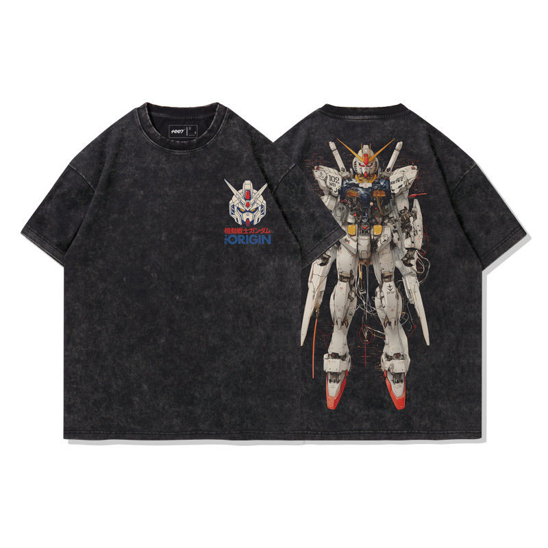 高達機械解剖圖水洗做舊 2026親子情侶男女同款 印花水洗短袖