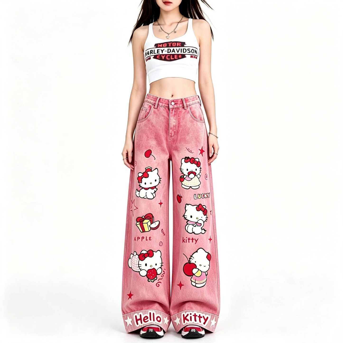 Hello Kitty 粉色刺繡牛仔褲｜美式復古寬鬆闊腿褲・女款休閒長褲