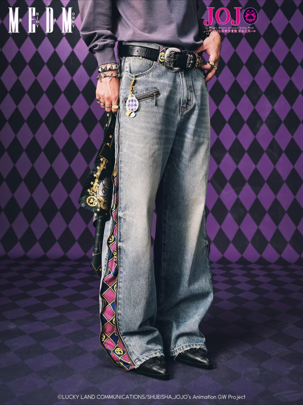 MEDMxJOJO的奇妙冒險聯名-拉鍊格紋水洗做舊休閒牛仔褲