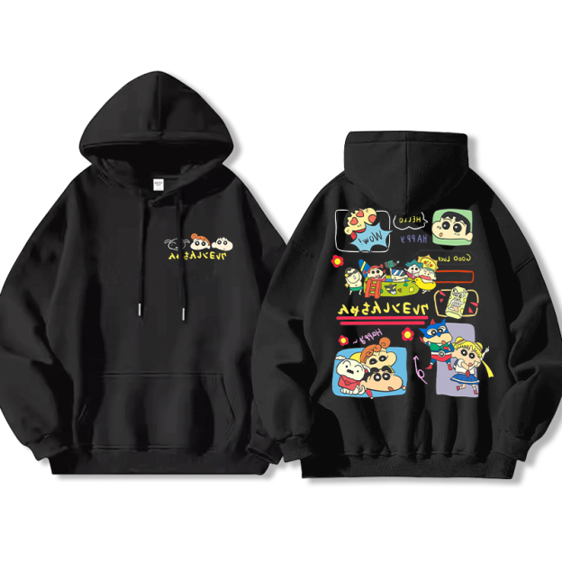 蠟筆小新聯名衛衣2024秋冬新款親子情侶裝薄絨款連帽衛衣