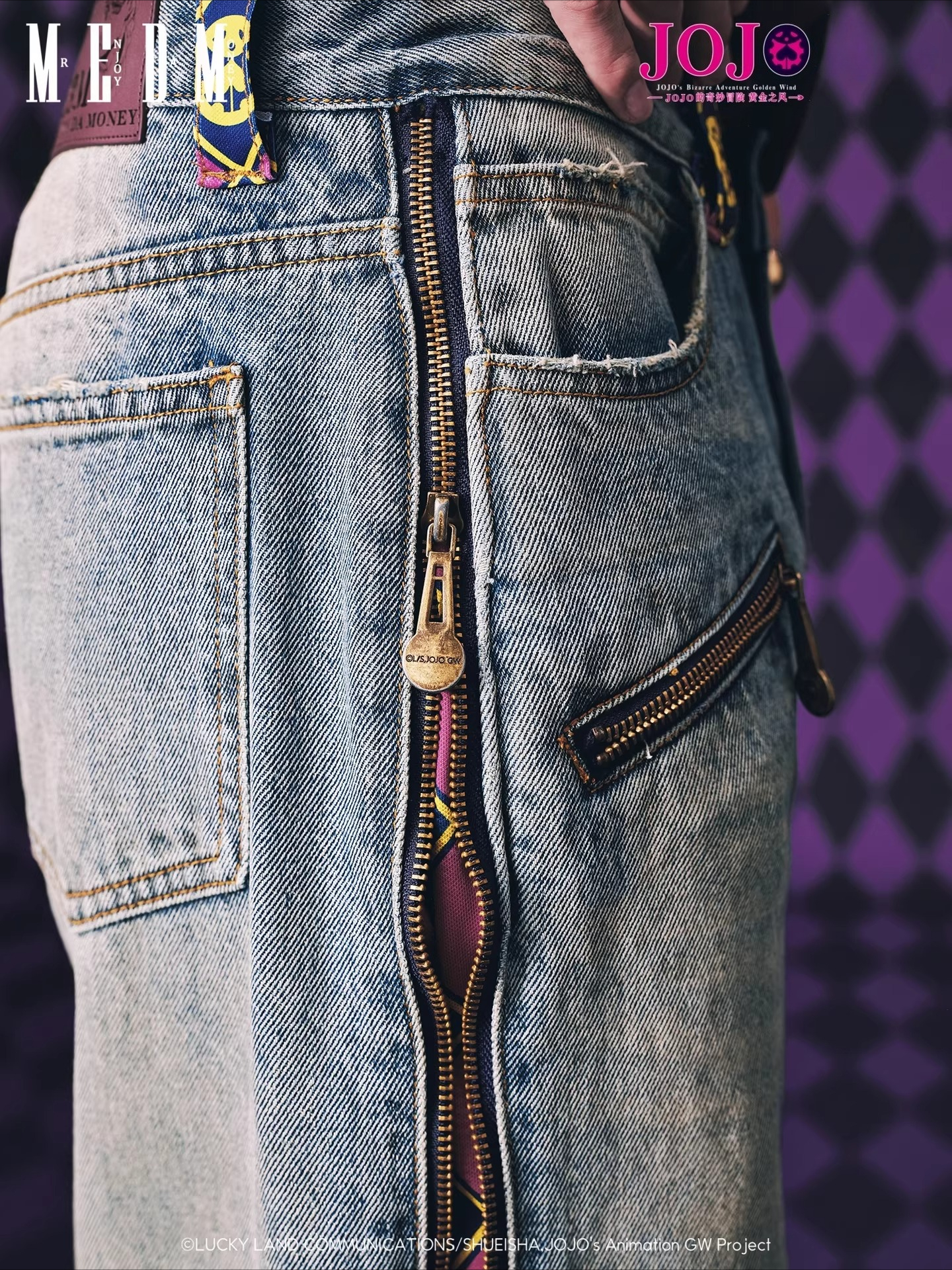 MEDMxJOJO的奇妙冒險聯名-拉鍊格紋水洗做舊休閒牛仔褲