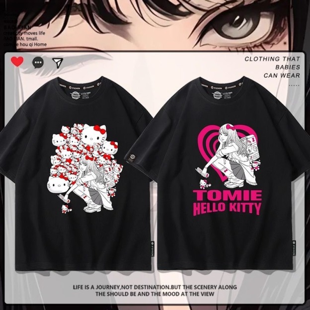 伊藤潤二X三麗鷗富江Hello kitty周邊 印花短袖T恤