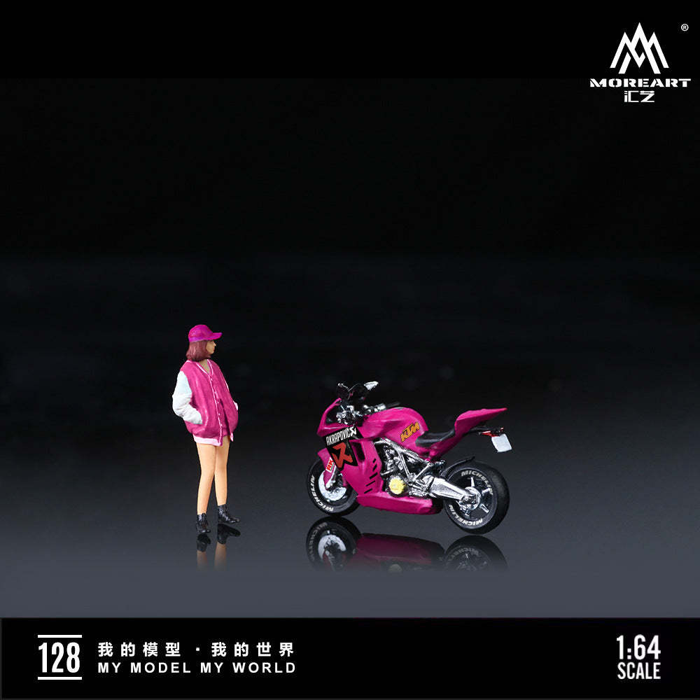 MoreArt1:64  KTM1190玫粉摩托靚女仿真樹脂模型-CASEZONE